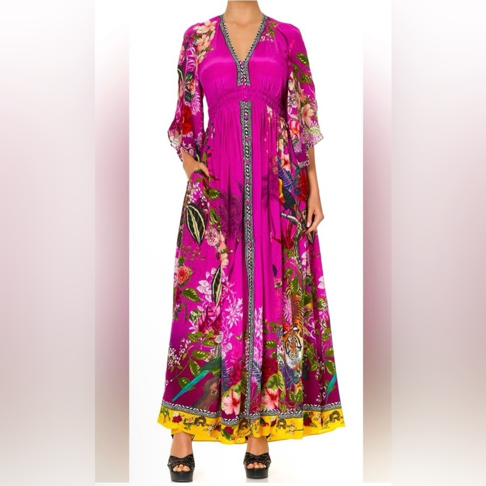 Camilla Jungle Language Silk Smocked Maxi Dress - NWT